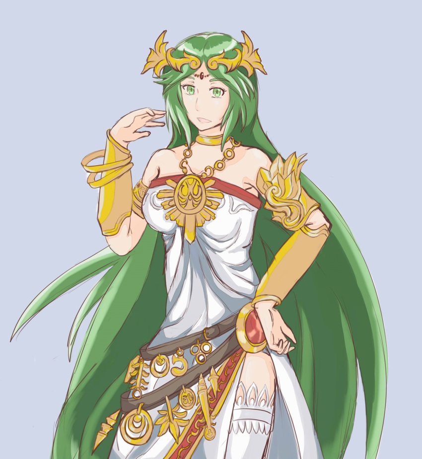 1girl, armor, azylsagara, bangle, bare_shoulders, belt, bracelet, breasts, choker, dress, female_focus, forehead_jewel, green_eyes, green_hair, highres, jewelry, kid_icarus, kid_icarus_uprising, long_hair, lots_of_jewelry, matching_hair/eyes, neck_ring, necklace, nintendo, palutena, side_slit, smile, solo, strapless, strapless_dress, thighhighs, tiara, vambraces, very_long_hair