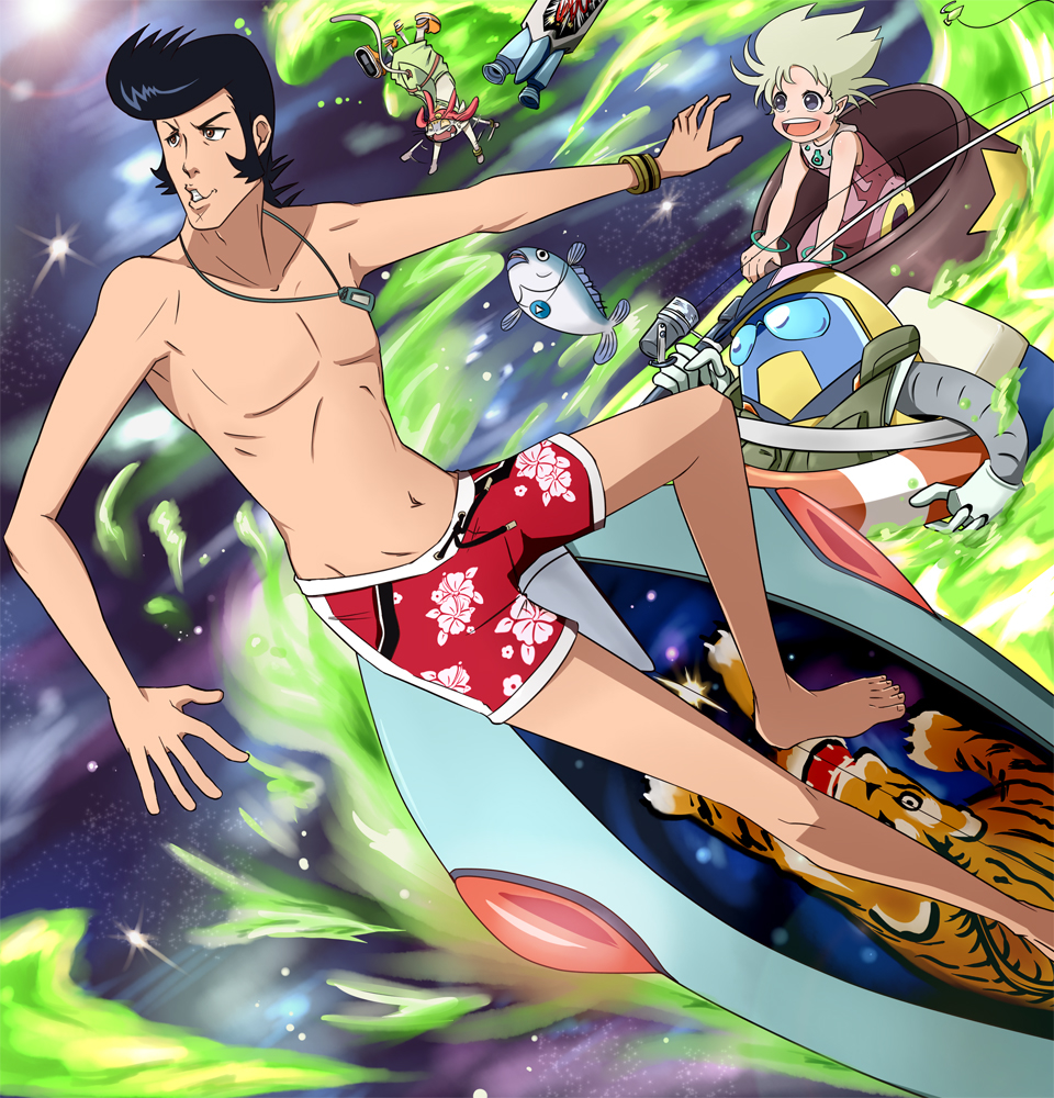 10s, 1boy, 1girl, :d, afterimage, bad_id, bad_pixiv_id, bare_legs, bare_shoulders, barefoot, black_hair, blonde_hair, blue_eyes, blush, bracelet, brown_eyes, collarbone, dandy_(space_dandy), dress, erssime, fish, fishing_rod, floral_print, full_body, gudon_(iukhzl), hibiscus_print, jewelry, lifebuoy, liquid, looking_to_the_side, male_swimwear, meow_(space_dandy), navel, necklace, open_mouth, outstretched_arm, parted_lips, pointy_ears, print_male_swimwear, print_swim_trunks, print_swimsuit, qt_(space_dandy), red_dress, red_male_swimwear, red_swim_trunks, short_hair, sleeveless, sleeveless_dress, smile, space, space_dandy, stomach, surfboard, surfing, swim_ring, swim_trunks, swimsuit, tareme, upside-down