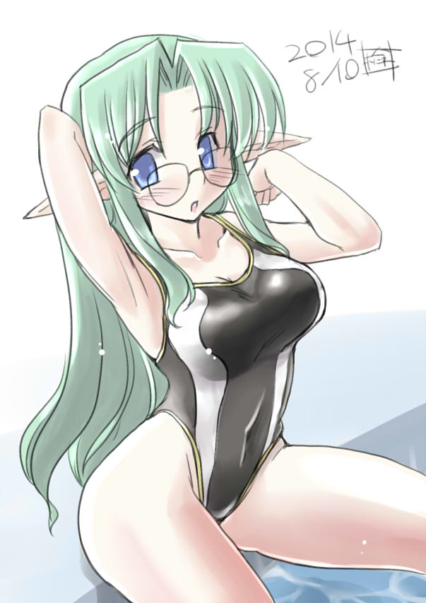 1girl, armpits, bad_id, bad_pixiv_id, blue_eyes, competition_swimsuit, female_focus, glasses