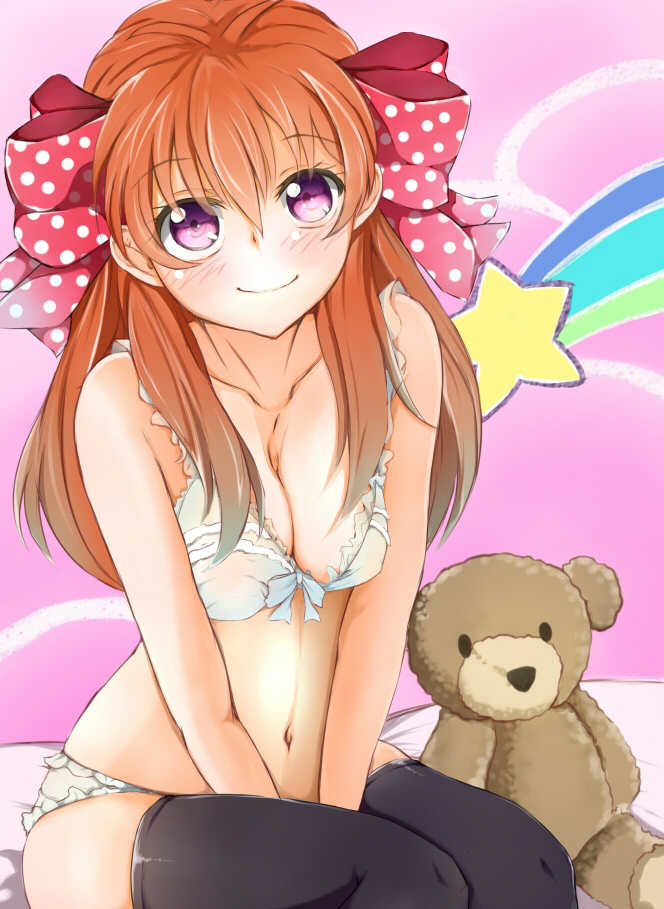 10s, 1girl, between_legs, black_thighhighs, blush, bow, bra, breasts