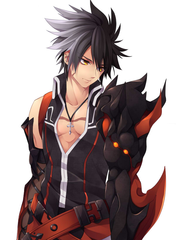 1boy, armor, belt, black_hair, blouse, cross, elsword, expressionless, gradient_hair, grey_hair, jewelry, kirimi_maguro, male_focus, mechanical_arms, multicolored_hair, necklace, raven_cronwell, reckless_fist_(elsword), shirt, single_mechanical_arm, sleeveless, sleeveless_shirt, solo, spiked_hair, white_background, yellow_eyes