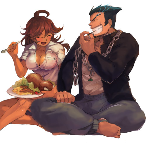 10s, 1boy, 1girl, ^_^, ahoge, barefoot, black_hair, breasts, brown_hair, chain, cleavage, danganronpa_(series), dark_skin, dark-skinned_male, closed_eyes, food, furutachirikonbu, grin, indian_style, large_breasts, lowres, meat, nidai_nekomaru, owari_akane, plate, sitting, smile, spoon, danganronpa_2:_goodbye_despair