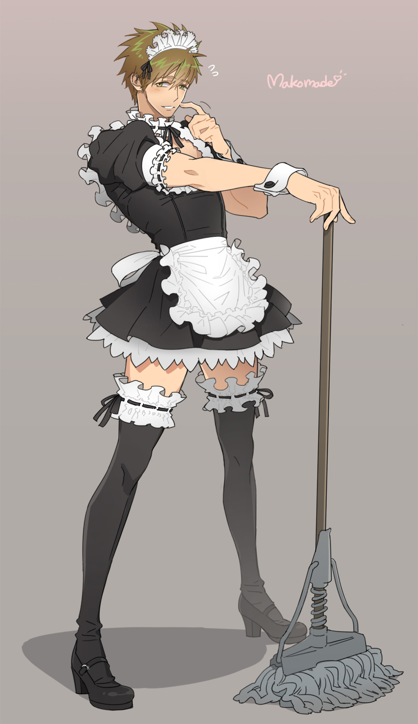 10s, 1boy, alternate_costume, apron, brown_hair, crossdressing, crossdressing_(mtf), enmaided