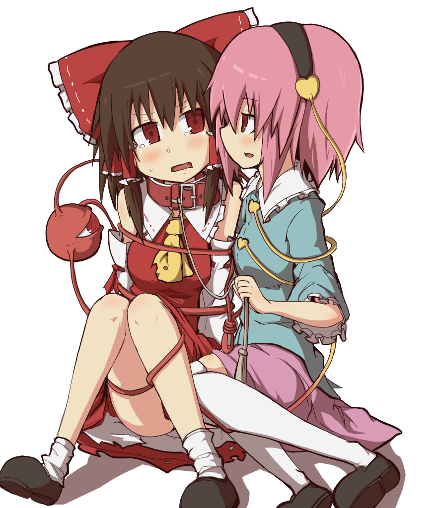 2girls, ascot, bdsm, blush, bondage, bound, bow, brown_hair