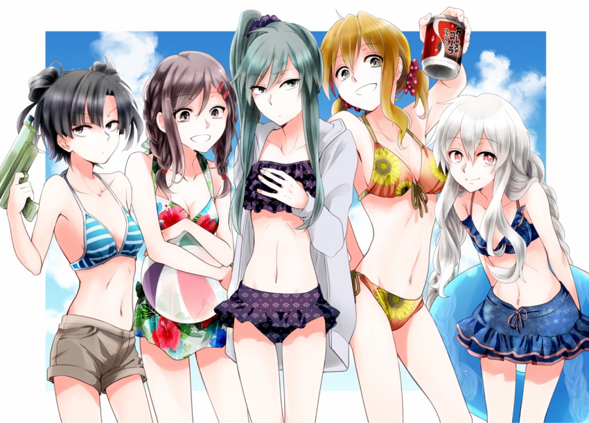 5girls, averting_eyes, ball, beachball, bikini, black_hair, blonde_hair, blue_bikini, bra, braid, breasts, can, cleavage, enomoto_takane, green_hair, innertube, kagerou_project, kido_tsubomi, kisaragi_momo, kozakura_marry, long_hair, maiori_00, multiple_girls, navel, purple_bikini, red_eyes, short_shorts, shorts, side_ponytail, silver_hair, small_breasts, smile, striped_bra, striped_clothes, swim_ring, swimsuit, tateyama_ayano, underwear, vocaloid, water_gun, yamaha