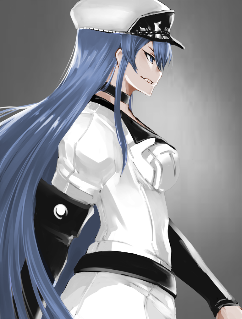10s, 1girl, akame_ga_kill!, blue_eyes, blue_hair, breasts, choker, esdeath, female_focus, fitz_(fita_is_the_smartest), grin, hat, large_breasts, long_hair, matching_hair/eyes, military, military_uniform, peaked_cap, profile, smile, solo, very_long_hair