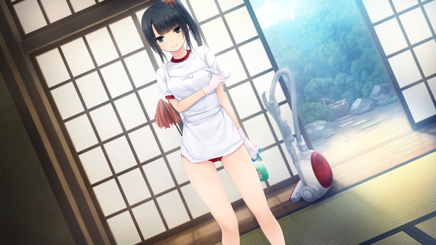 1girl, amekoi, apron, black_eyes, black_hair, breasts, buruma, coffee-kizoku, female_focus, game_cg, gloves, gym_uniform, isshi_mizuki, kazuharu_kina, legs, long_hair, looking_at_viewer, noesis, smile, solo, standing, sunlight, thighs, vacuum_cleaner