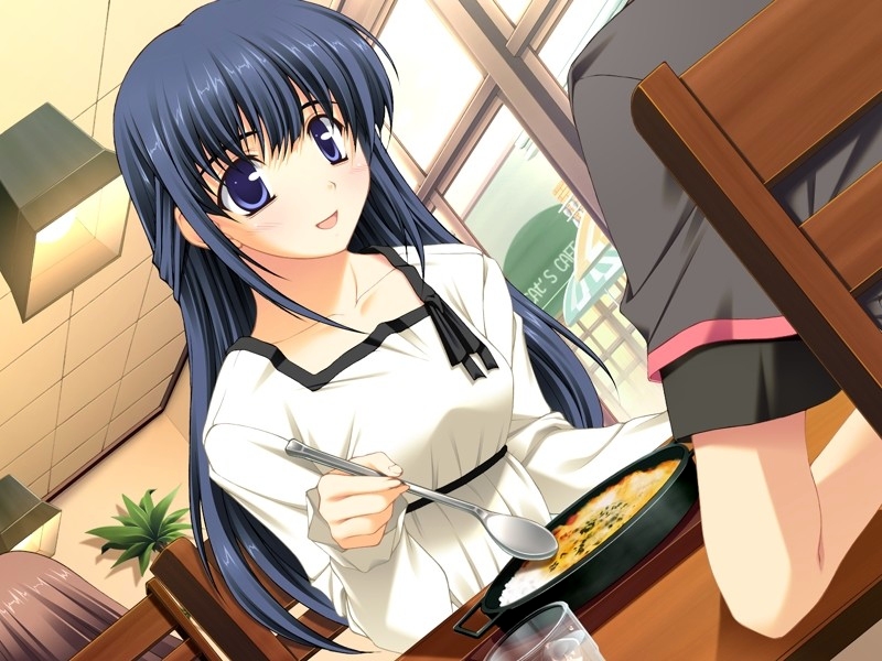 1girl, black_hair, blue_eyes, female_focus, food, game_cg, kaneda_haruka, long_hair, nishizaki_eimu, purple_eyes, restaurant, solo, spoon, table, tokyo_fuusa