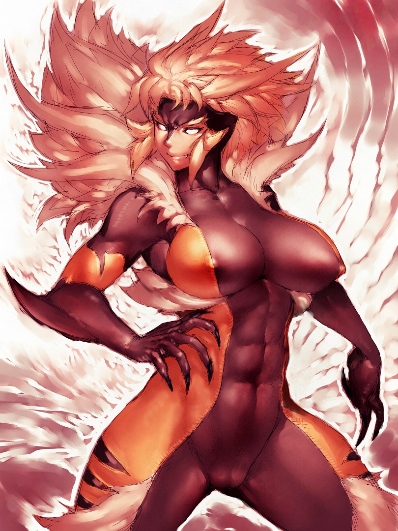 10s, 1girl, abs, bodysuit, breasts, cameltoe, claws, covered_erect_nipples, fang, female_focus, fumio_(rsqkr), genderswap, genderswap_(mtf), large_breasts, marvel, sabertooth_(x-men), short_hair, smile, solo, x-men