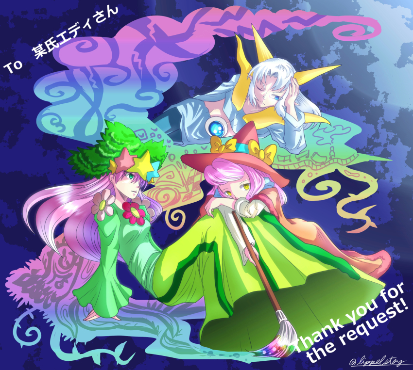 1boy, 2girls, artist_request, blue_eyes, bow, breasts, cape, dress, flower, flowery_woods, green_eyes, hat, highres, horns, kirby:_triple_deluxe, kirby_(series), kracko, long_hair, lying, multiple_girls, nintendo, on_person, on_side, one_eye_closed, paintbrush, paintra, parted_lips, personification, pink_hair, pointy_ears, silver_hair, sitting, wink, witch, witch_hat, yellow_eyes