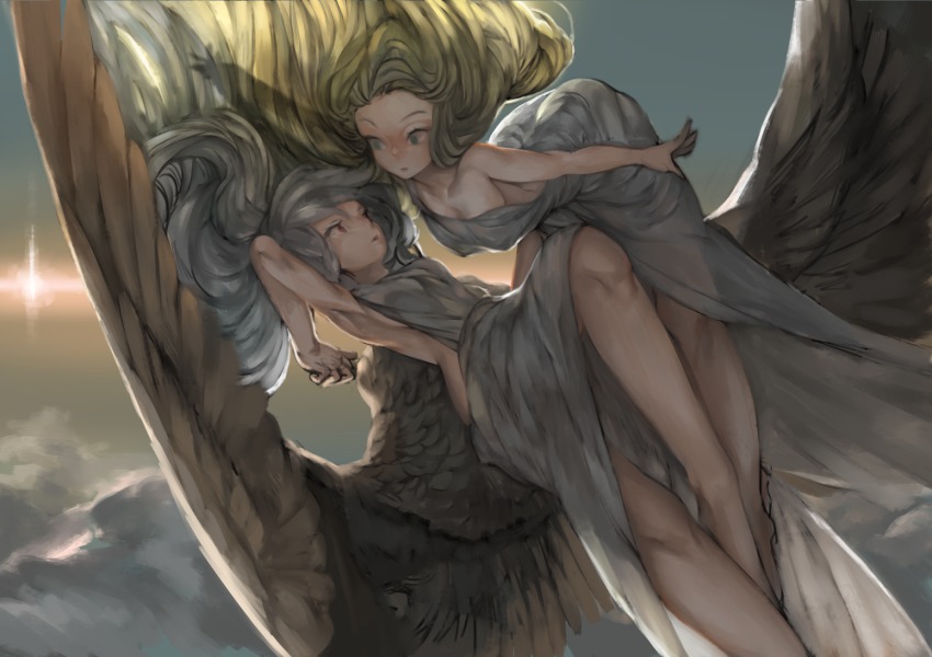 2girls, angel, angel_wings, blonde_hair, breasts, cleavage, cloud, dress