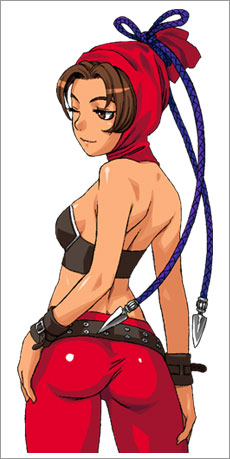 1girl, annie_hamilton, ass, atlus, brown_eyes, brown_hair, female_focus, gouketsuji_ichizoku, hood, lowres, matrimelee, midriff, murata_range, nakano_tomokazu, official_art, one_eye_closed, pants, red_theme, shiny_clothes, solo, tight_clothes, tight_pants, wink