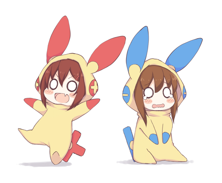 2girls, blush_stickers, brown_hair, chibi, cosplay, fang, gen_3_pokemon, hair_ornament