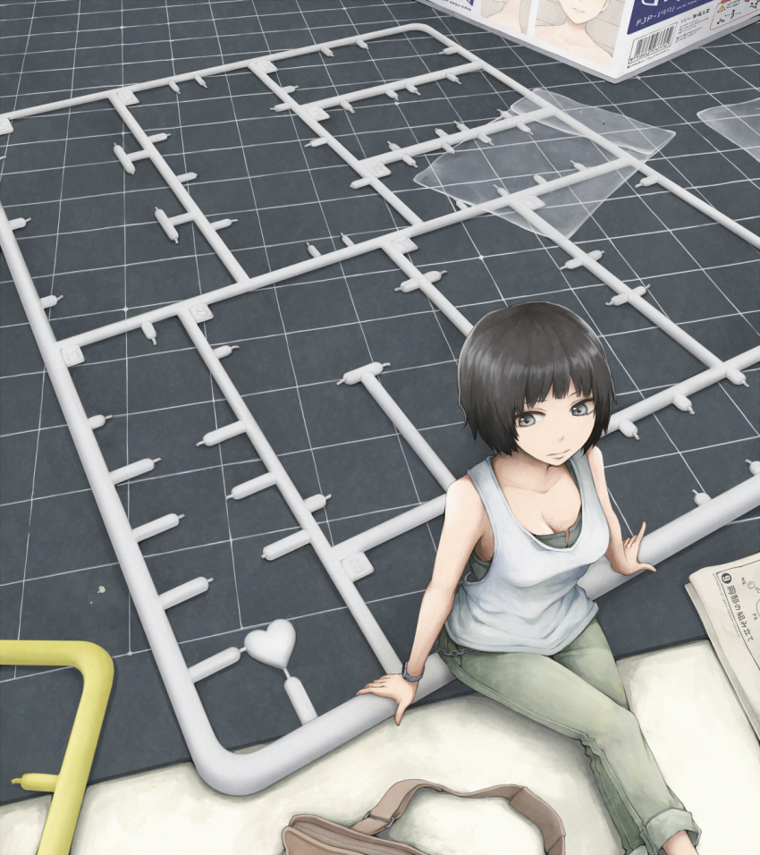 1girl, bag, black_eyes, black_hair, bob_cut, breasts, cleavage, commentary