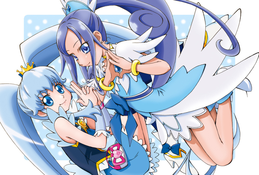 10s, 2girls, blue_bow, blue_eyes, blue_hair, blue_skirt, bow, brooch