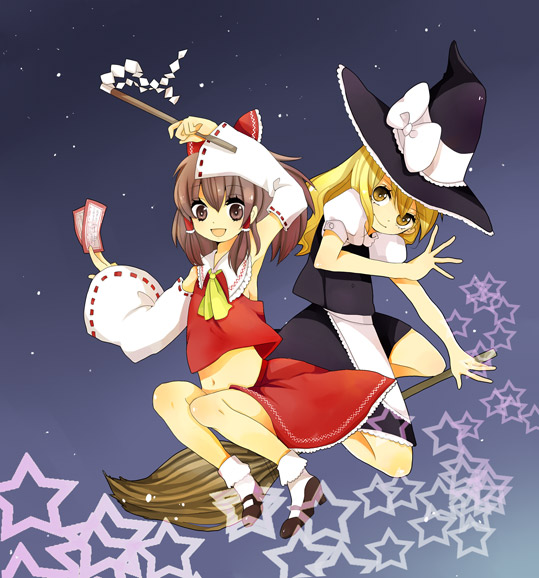 2girls, blonde_hair, broom, broom_riding, female_focus, flying, full_body, gohei