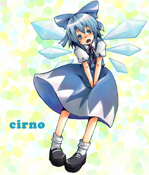 1girl, bad_id, bad_pixiv_id, bisuke_(bisco), blue_hair, blush, bow, cirno