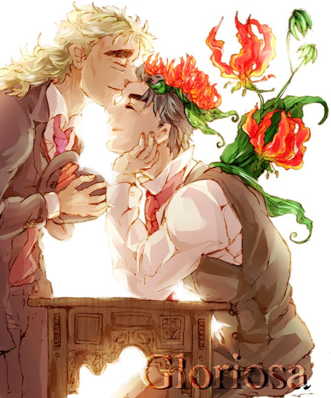 2boys, black_hair, blonde_hair, flower, hat, jojo_no_kimyou_na_bouken, jonathan_joestar, kiss, kissing_forehead, multiple_boys, robert_e._o._speedwagon, ryou_(aragijojo), yaoi