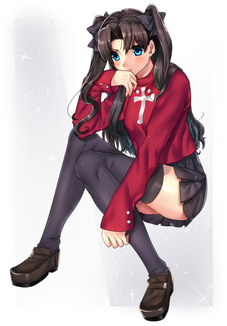 1girl, black_hair, black_thighhighs, blue_eyes, fate/stay_night, fate_(series), female_focus, hair_ribbon, long_hair, long_legs, ribbon, ruchiteumu, skirt, solo, sugita_(merinib), thighhighs, tohsaka_rin, two_side_up