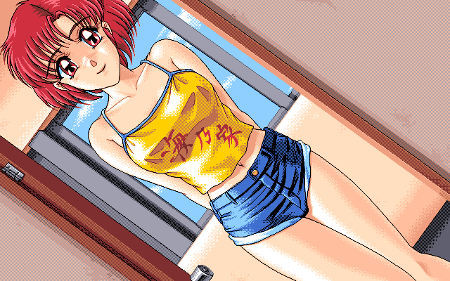 1girl, 4bpp, d.o., denim, denim_shorts, female_focus, game_cg, hoshi_no_suna_monogatari, hoshi_no_suna_monogatari_3, indoors, pc98, retro_artstyle, short_hair, shorts, sky, solo, tank_top, tomboy, yasuhara_atsuko