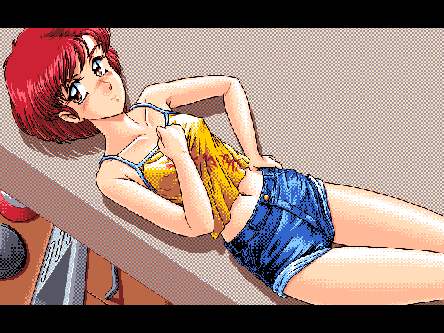 1girl, 4bpp, breasts, covered_erect_nipples, d.o., denim, denim_shorts, female_focus, game_cg, hoshi_no_suna_monogatari, hoshi_no_suna_monogatari_3, indoors, pc98, retro_artstyle, short_hair, shorts, solo, tank_top, tomboy, yasuhara_atsuko