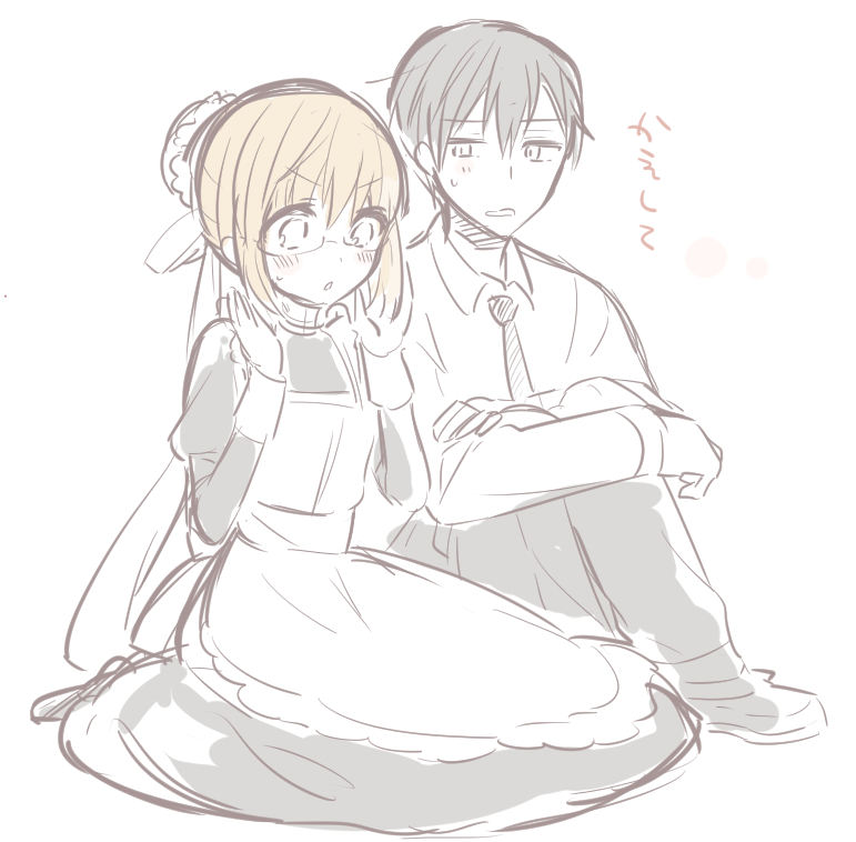 1boy, 1girl, apron, bespectacled, borrowed_clothes, comic, glasses, kimijima_sara