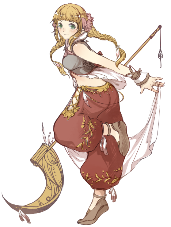 00s, 1girl, alternate_costume, blonde_hair, braid, catbone, female_focus, final_fantasy, final_fantasy_xii, final_fantasy_xii_revenant_wings, harem_pants, pants, penelo, solo, staff