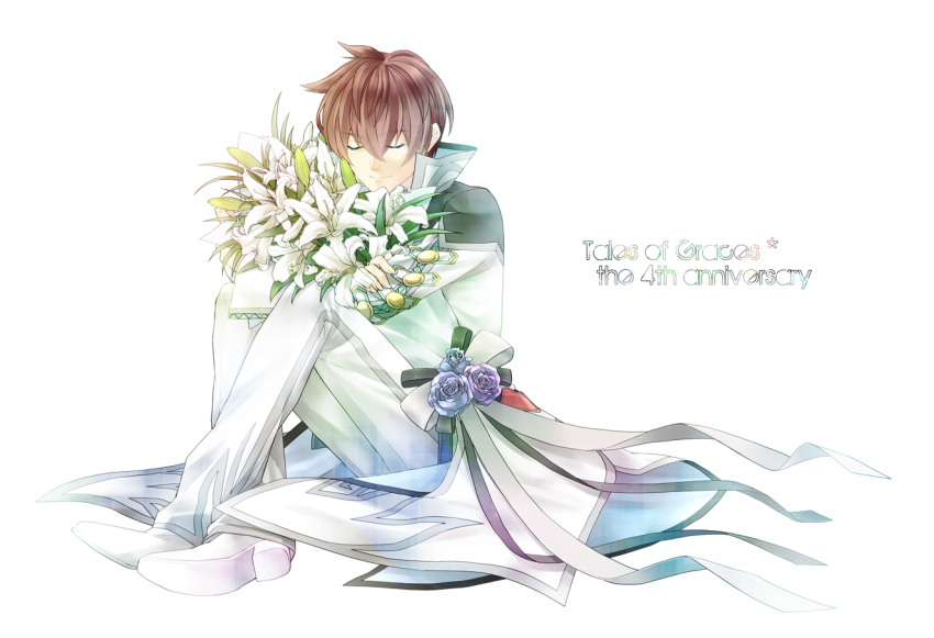 1boy, asbel_lhant, brown_hair, flower, lily_(flower), lydi_(dd), male_focus, solo
