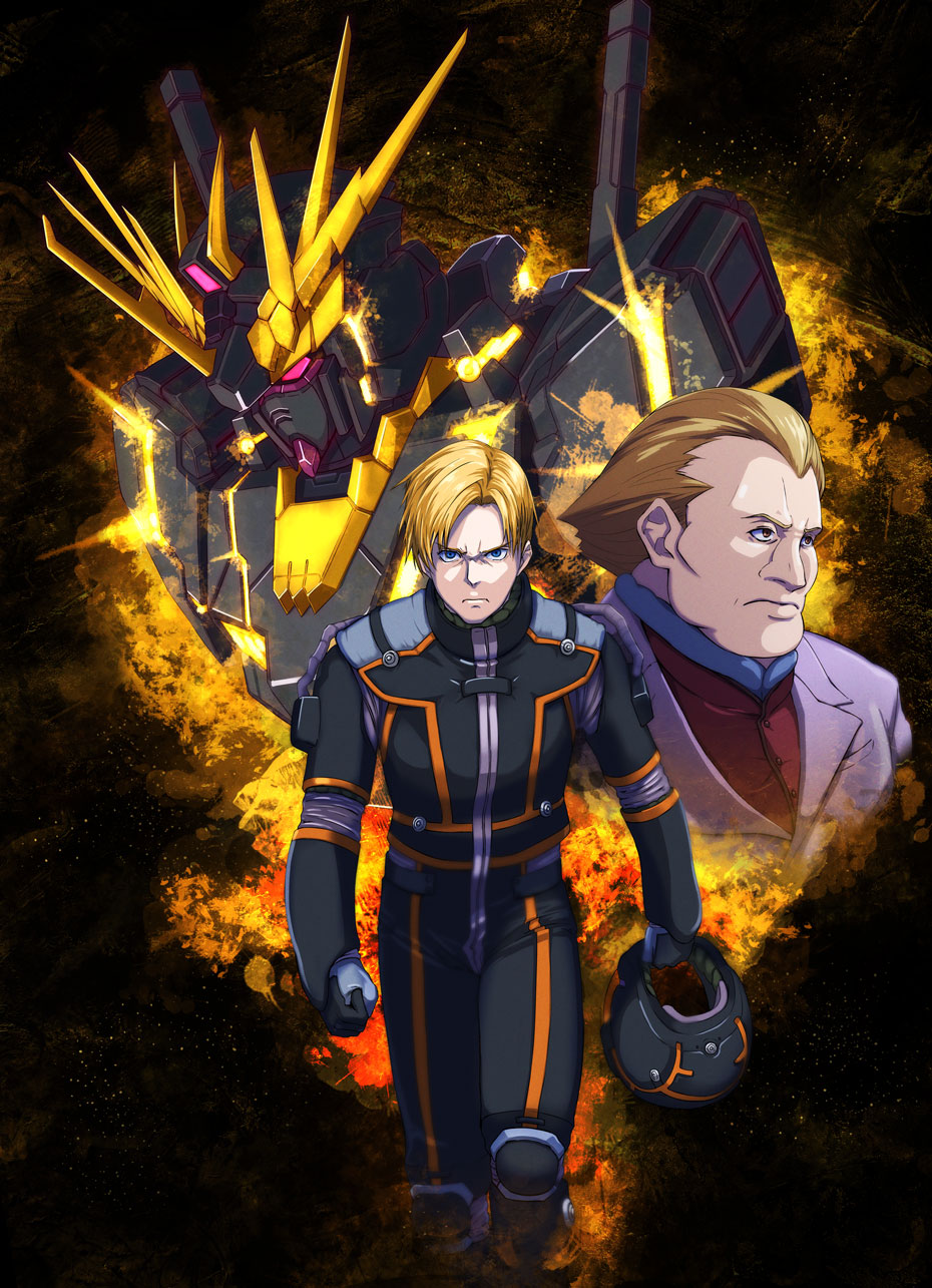 2boys, alberto_vist, blonde_hair, gundam, gundam_unicorn, highres, kaoru348, multiple_boys, pilot_suit, riddhe_marcenas, unicorn_gundam_banshee