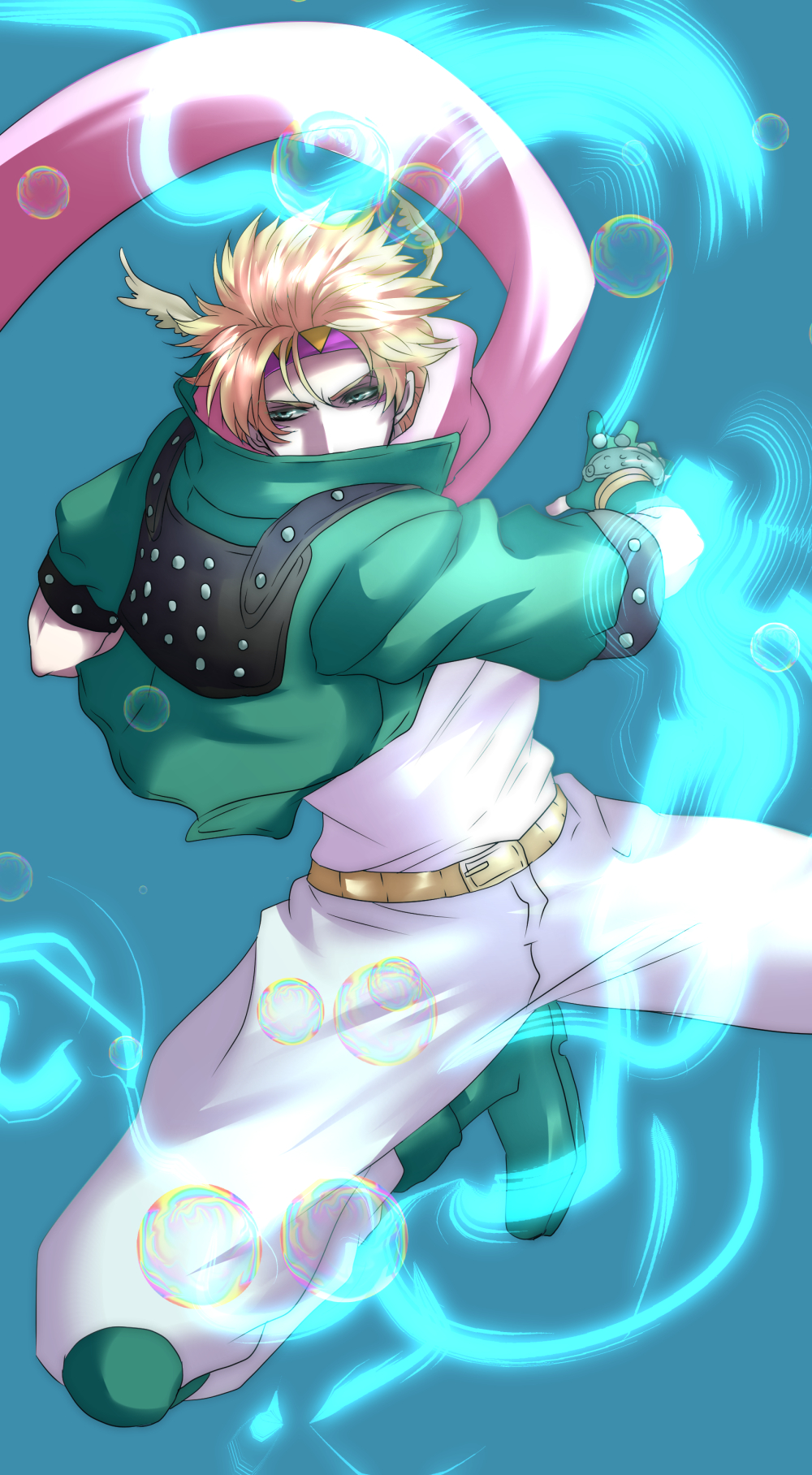 1boy, bad_id, bad_pixiv_id, blonde_hair, bubble, caesar_anthonio_zeppeli, facial_mark, feather_hair_ornament, feathers, fingerless_gloves, gloves, green_eyes, green_jacket, hair_ornament, headband, highres, hydrokinesis, jacket, jojo_no_kimyou_na_bouken, male_focus, oururi33, scarf, solo, water