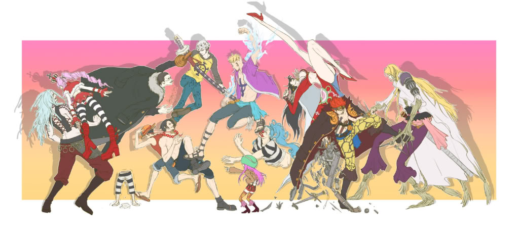 3girls, 6+boys, back-to-back, basil_hawkins, black_hair, blonde_hair, blue_fire, blue_hair