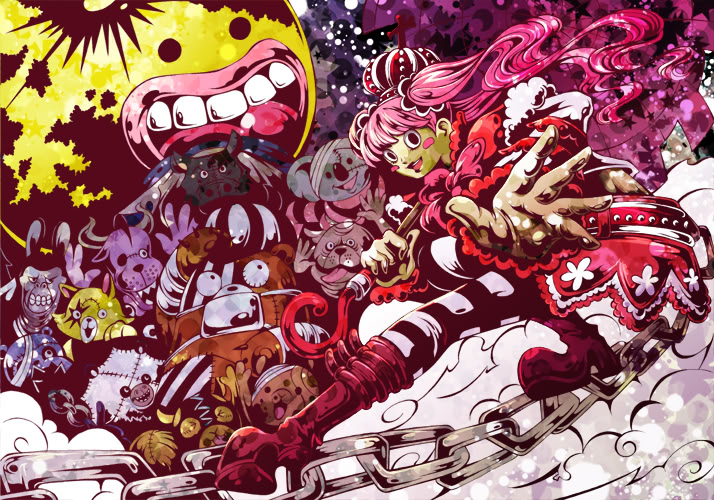 bear, boar, gallant_hippo, hippo, koala, kumacy, lola_(one_piece), moon, one_piece, patterned_legwear, perona, pink_hair, risky_brothers, skirt, squirrel, striped_legwear, thriller_bark, twintails, zombie, zombie_28, zombie_83