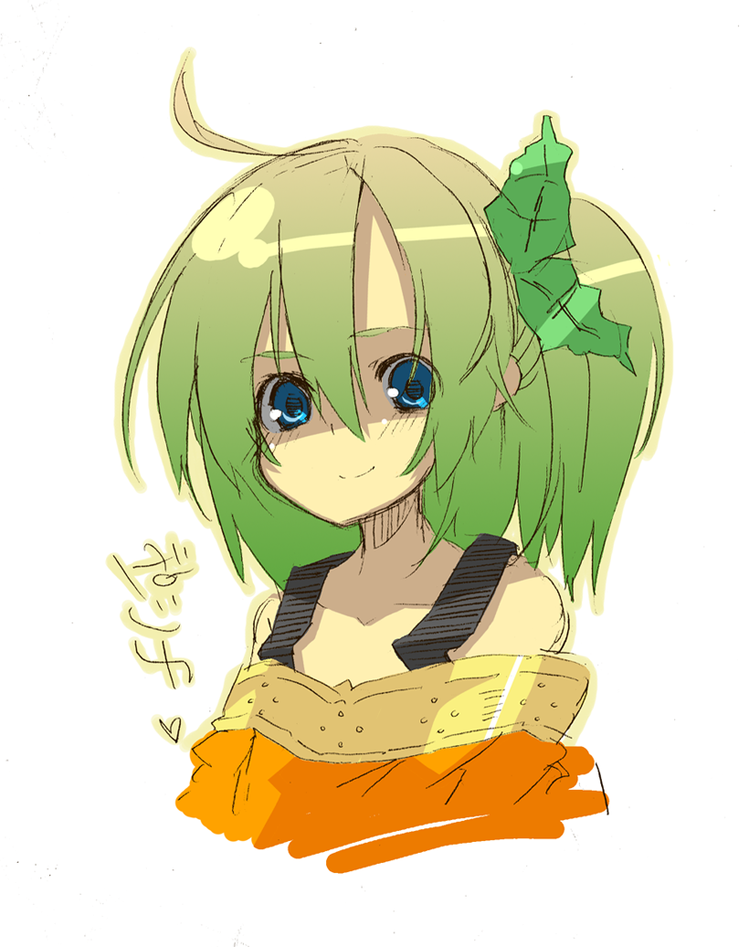 ahoge, blue_eyes, green_hair, portrait, smile, solo, upper_body, wadaichi