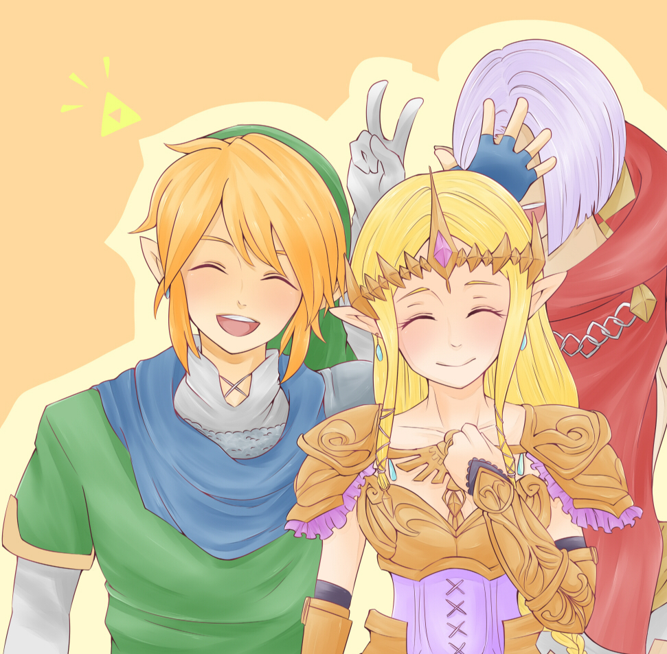 1girl, 2boys, armor, blonde_hair, ghirahim, gloves, hyrule_warriors, link, long_hair, multiple_boys, nenekoneko_(muuhappy), nintendo, pointy_ears, princess_zelda, scarf, shoulder_pads, smile, the_legend_of_zelda, the_legend_of_zelda:_skyward_sword, v, waving, white_hair