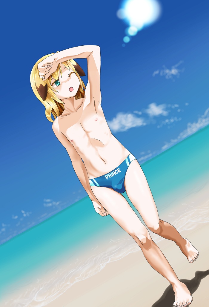 1boy, animal_ears, bad_id, bad_pixiv_id, blonde_hair, blue_eyes, blue_male_swimwear, blue_swim_briefs