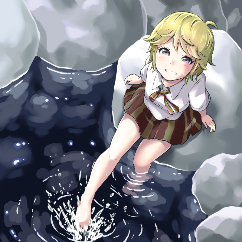 1girl, barefoot, bemani, blonde_hair, bow, bowtie, female_focus, grin