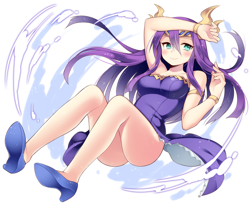 1girl, absurdres, adapted_costume, aqua_eyes, arm_up, armlet, bare_shoulders, blush