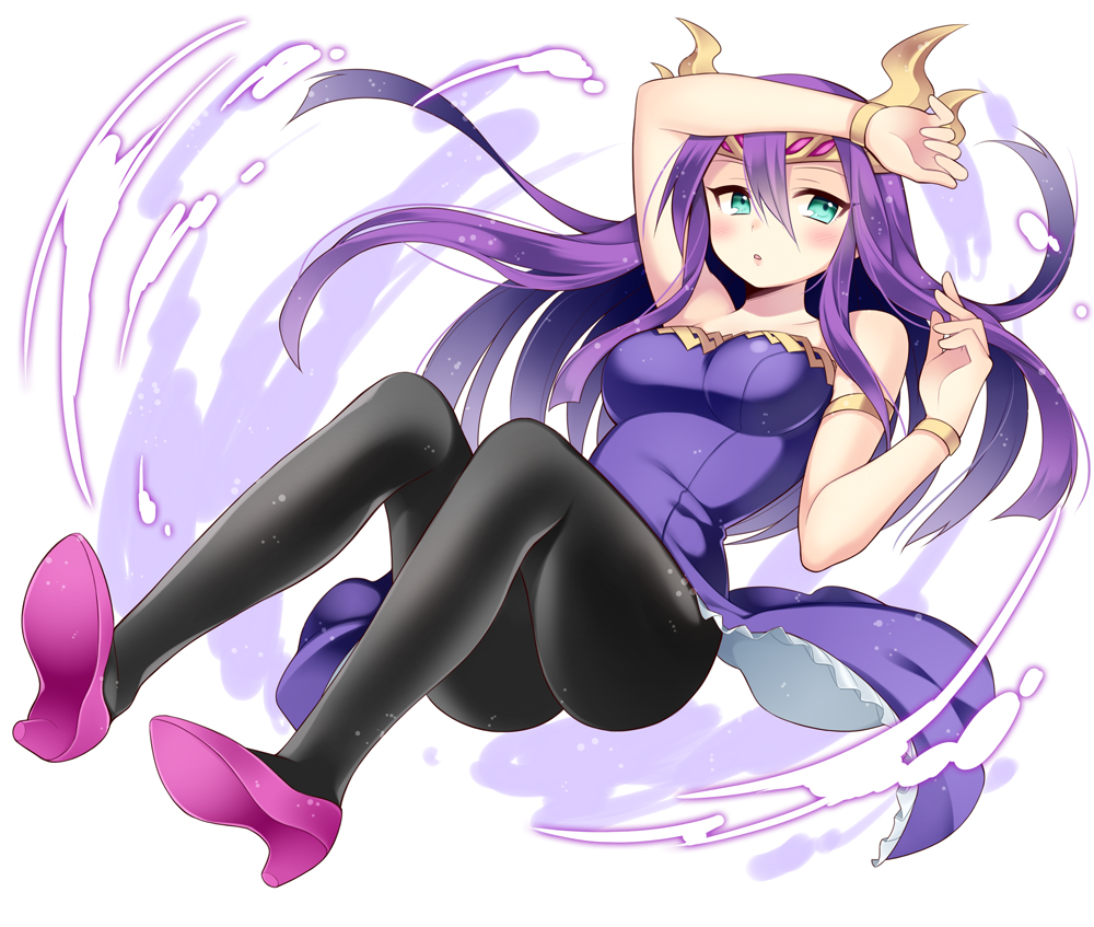 1girl, :o, adapted_costume, aqua_eyes, arm_up, armlet, bare_shoulders, black_pantyhose