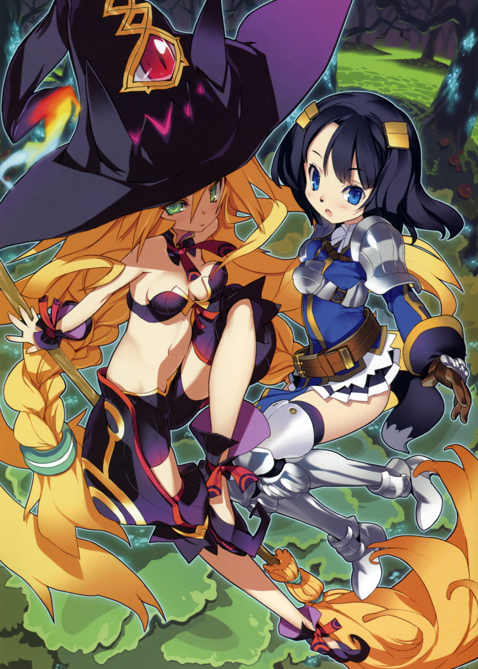 2girls, animal_nose, armor, armored_dress, black_hair, blade_(galaxist), blonde_hair, boots, braid, broom, dress, gloves, green_eyes, hat, highres, majo_to_hyakkihei, metallica_(majo_to_hyakkihei), midriff, multiple_girls, nippon_ichi, thigh_boots, thighhighs, viscole_dotrish, witch, witch_hat