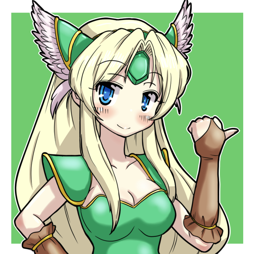 1girl, blonde_hair, blue_eyes, blush, breasts, eruru_(erl), female_focus, green_background, highres, long_hair, looking_at_viewer, riesz, seiken_densetsu, seiken_densetsu_3, simple_background, smile, solo, upper_body