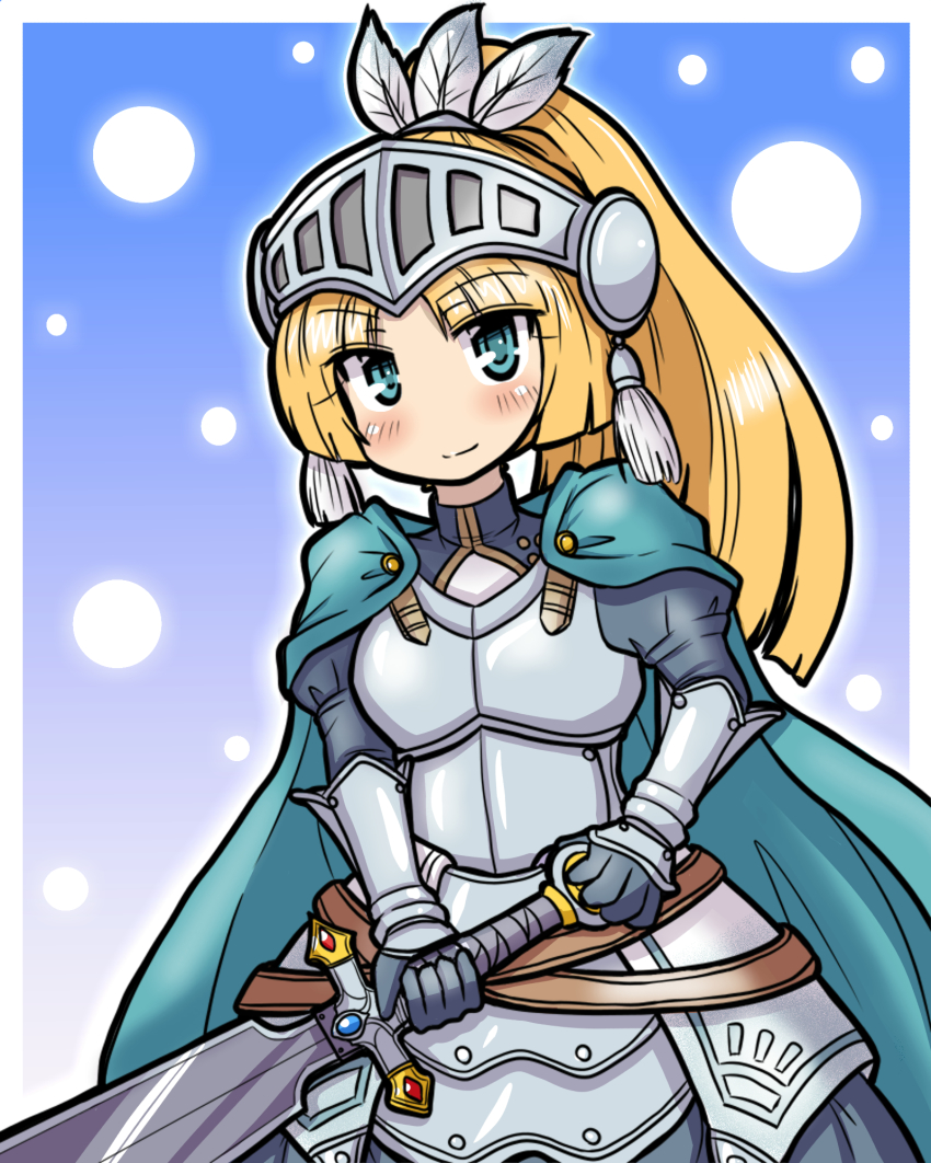 1girl, armor, blonde_hair, blush, cape, eruru_(erl), female_focus, forte_(rune_factory)