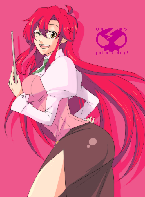 00s, 1girl, ;), ahoge, alternate_hairstyle, bespectacled, breasts, female_focus, glasses, hair_down, hisui_(paingumi), large_breasts, long_hair, long_skirt, necktie, one_eye_closed, pointer, red_hair, ribbed_sweater, side_slit, skirt, smile, solo, sweater, teacher, tengen_toppa_gurren_lagann, very_long_hair, yellow_eyes, yoko_littner, yomako