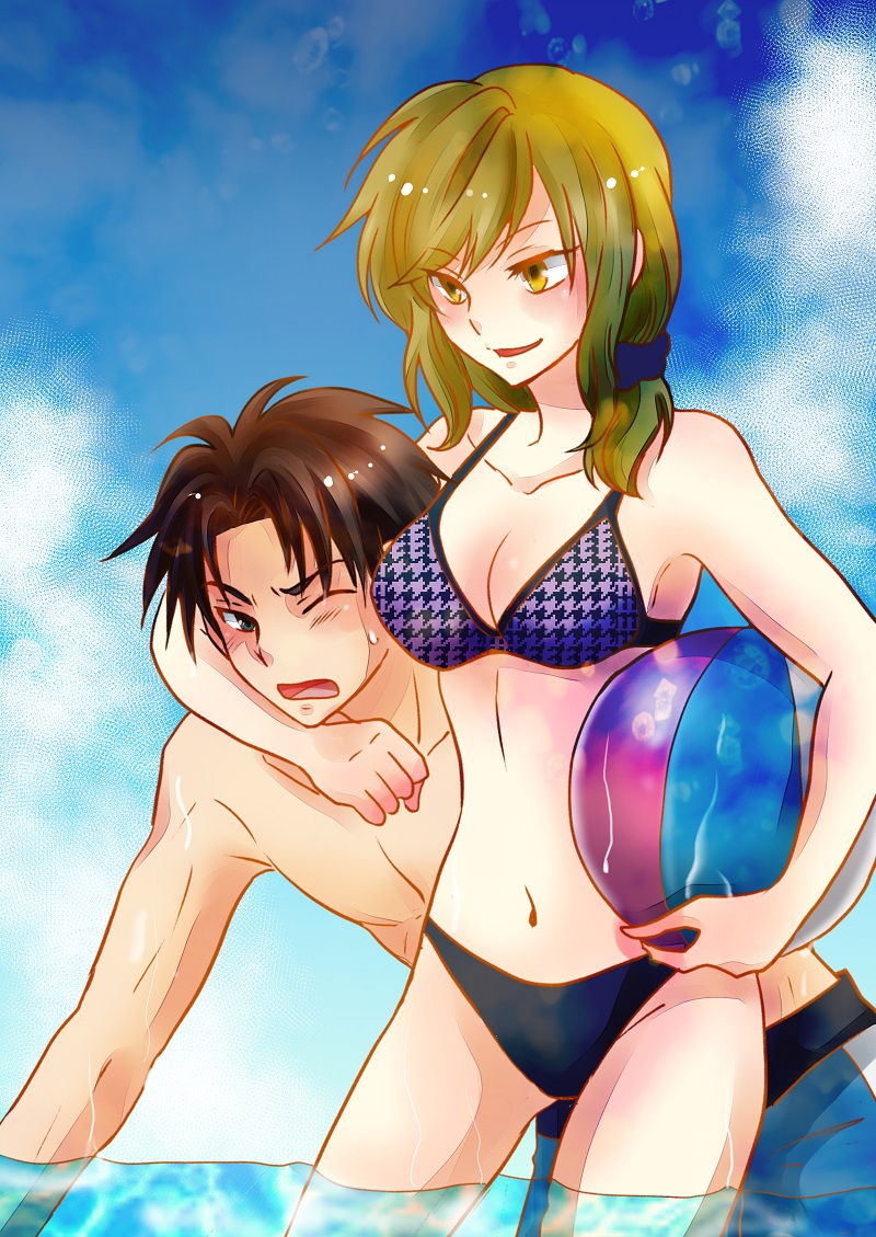 10s, 1boy, 1girl, ball, bikini, black_panties, breasts, cleavage, gekkan_shoujo_nozaki-kun, headlock, long_hair, miiki_(kunkunmaru), navel, panties, ponytail, seo_yuzuki, swimsuit, underwear, unmoving_pattern, wakamatsu_hirotaka, water