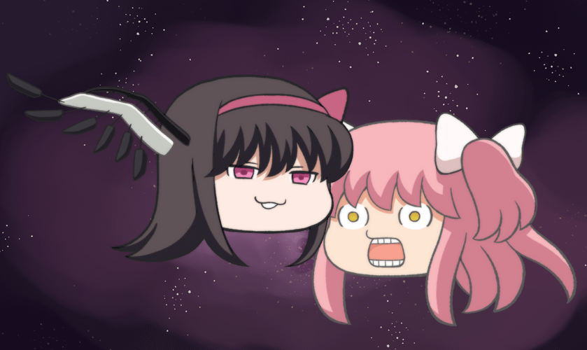 10s, 2girls, akemi_homura, akuma_homura, bad_id, bad_pixiv_id, black_wings, feathered_wings