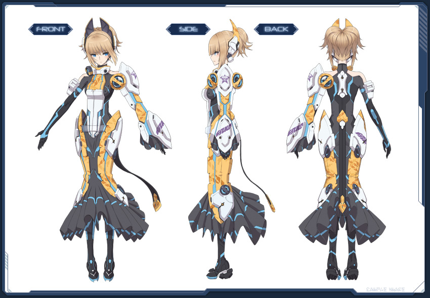 1girl, bare_shoulders, blonde_hair, blue_eyes, concept_art, dress, feeling_robe, fomarl, headgear, high_heels, multiple_views, phantasy_star, phantasy_star_online_2, sega, short_hair, simple_background, standing, thighhighs, turnaround