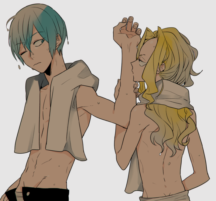 10s, 2boys, bad_id, bad_pixiv_id, blonde_hair, blue_hair, inumuta_houka, iori_shirou, kill_la_kill, kiss, long_hair, male_focus, multiple_boys, no_eyewear, topless_male, towel, towel_around_neck, wet, wet_hair, wince, yaoi, yuu_chitose