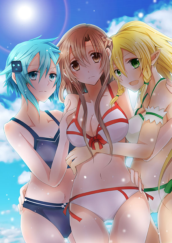 10s, 3girls, adapted_costume, asuna_(sao), bad_id, bad_pixiv_id, bikini, blonde_hair, blue_eyes, blue_hair, breasts, brown_eyes, brown_hair, cleavage, girl_sandwich, green_eyes, large_breasts, leafa_(sao), long_hair, multiple_girls, navel, pointy_ears, ponytail, sandwiched, short_hair, sinon, swimsuit, sword_art_online, thigh_gap, toujirou