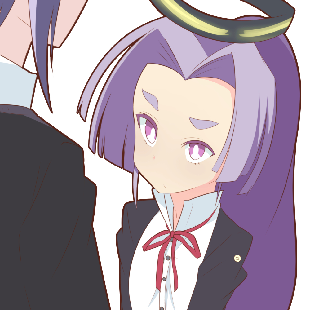 10s, 2girls, alternate_hairstyle, black_dress, colored_eyelashes, cosplay, dress, hair_intakes, halo, hatsuharu_(kancolle), headgear, hikimayu, kantai_collection, kidolita, long_hair, looking_at_another, looking_up, mechanical_halo, multiple_girls, purple_eyes, purple_hair, school_uniform, short_eyebrows, tatsuta_(kancolle), tatsuta_(kancolle)_(cosplay), tenryuu_(kancolle)