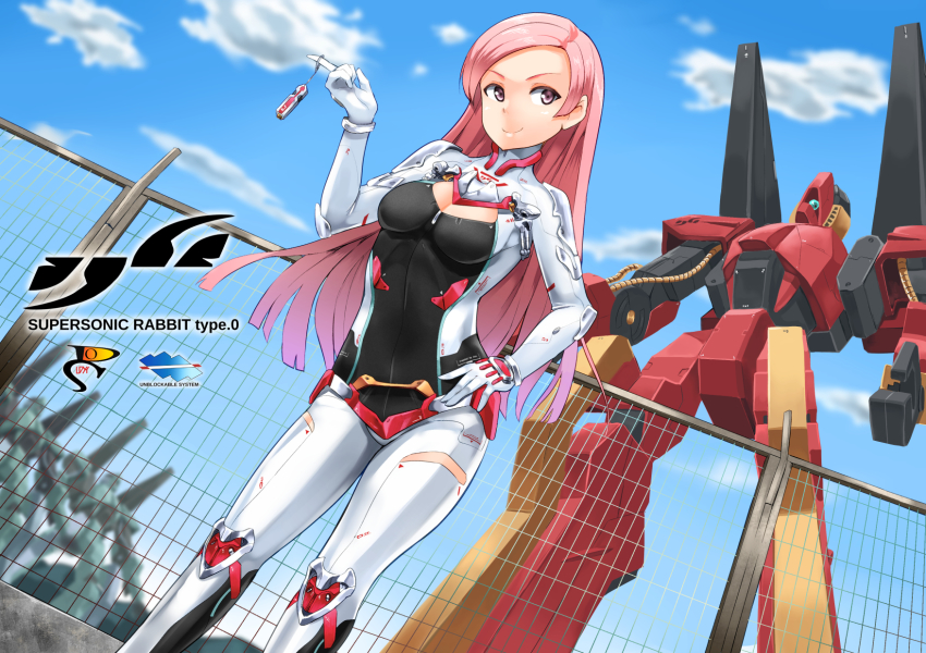 1girl, blue_sky, bodysuit, breasts, center_opening, cleavage, cleavage_cutout, clothing_cutout, cloud, day, dso, female_focus, fence, gloves, hand_on_own_hip, highres, long_hair, original, pilot_suit, pink_eyes, pink_hair, robot, skin_tight, sky, smile, solo, standing