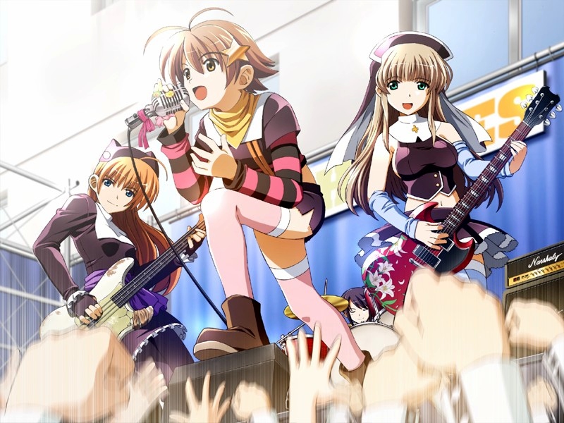 1boy, 3girls, ahoge, antenna_hair, arm_warmers, band_(music), bass_guitar, blonde_hair